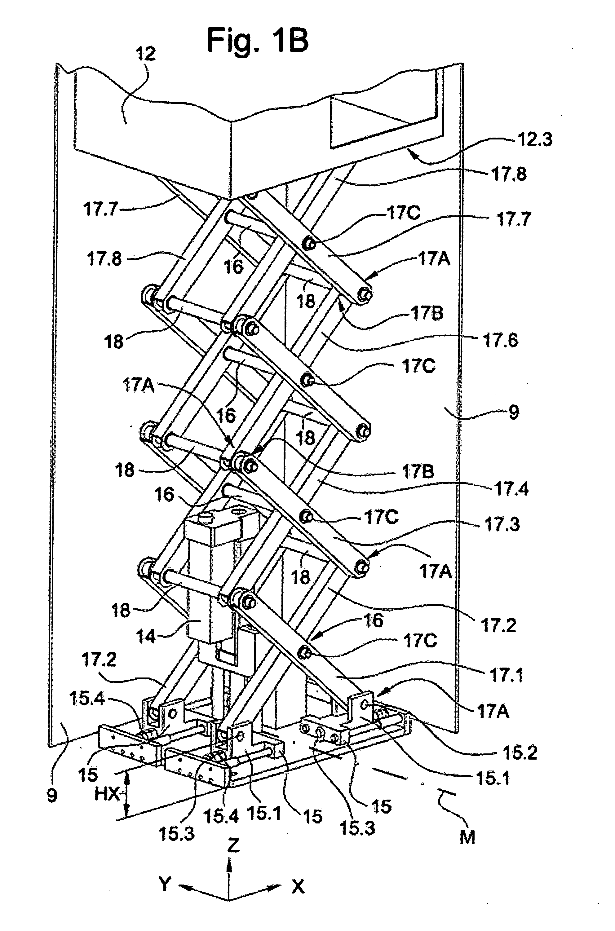 Elevator with a scissor lift mechanism and a spring member serving as virtual counter weight