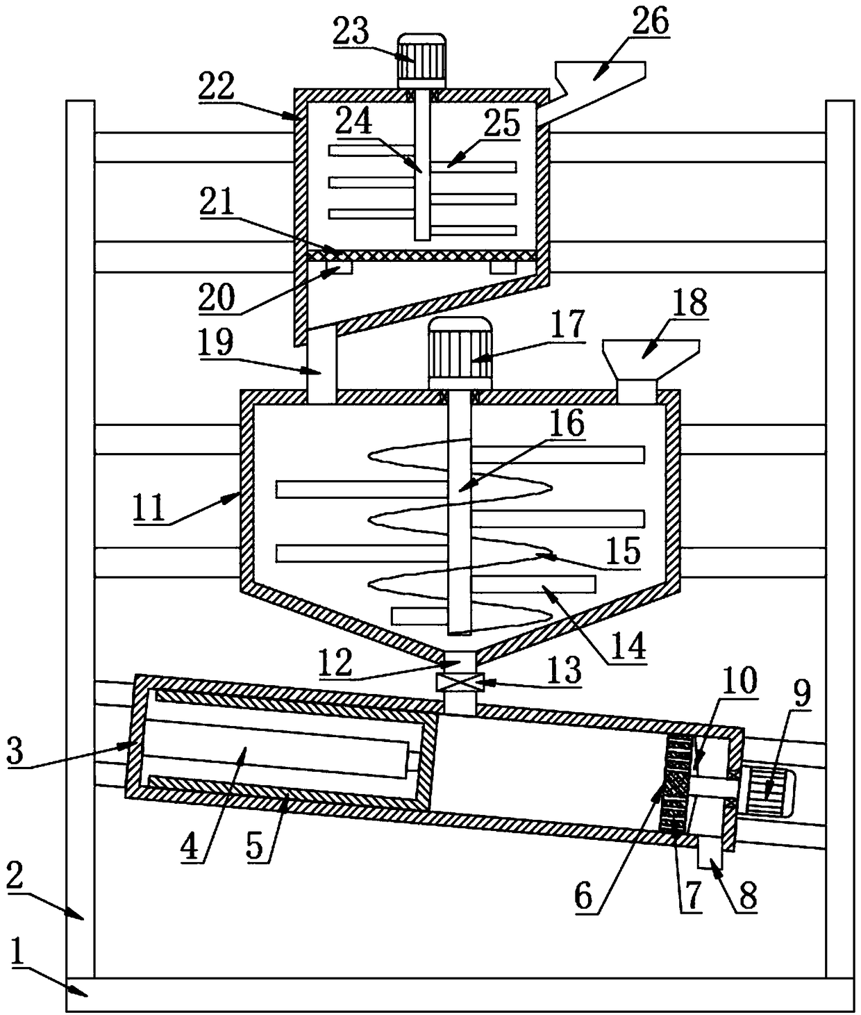 Feed pelletizing device with functions of grinding, screening and mixing raw materials