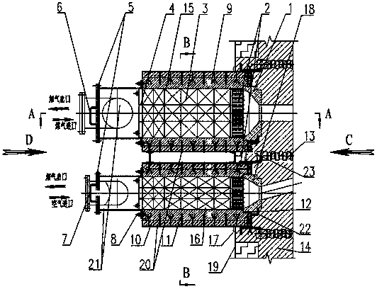 Upper-lower combination type dual-heat storage burner with embedded burner blocks