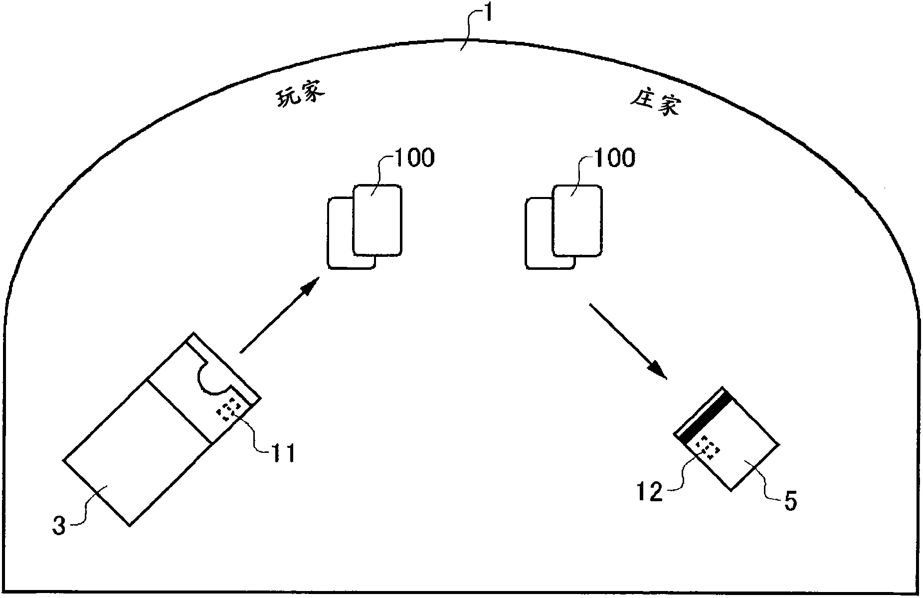 Game system, card, card shoe and card-shuffing device