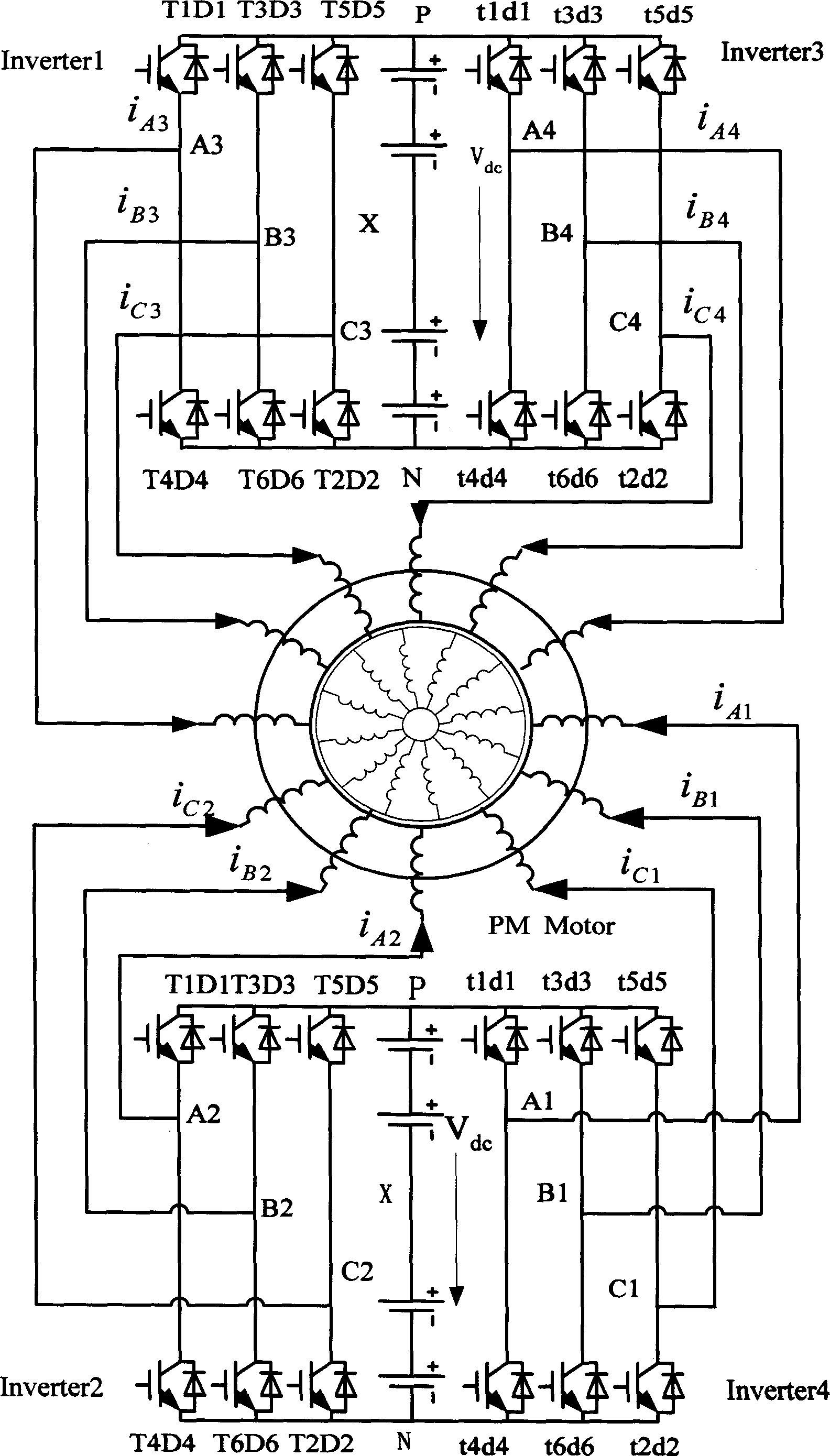 Inverter feed multi three-phase squirrel-cage asynchronous motor