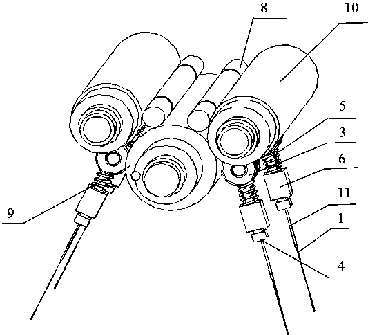 An insertion roller tensioning device of an adjustable roller group prawn peeling machine