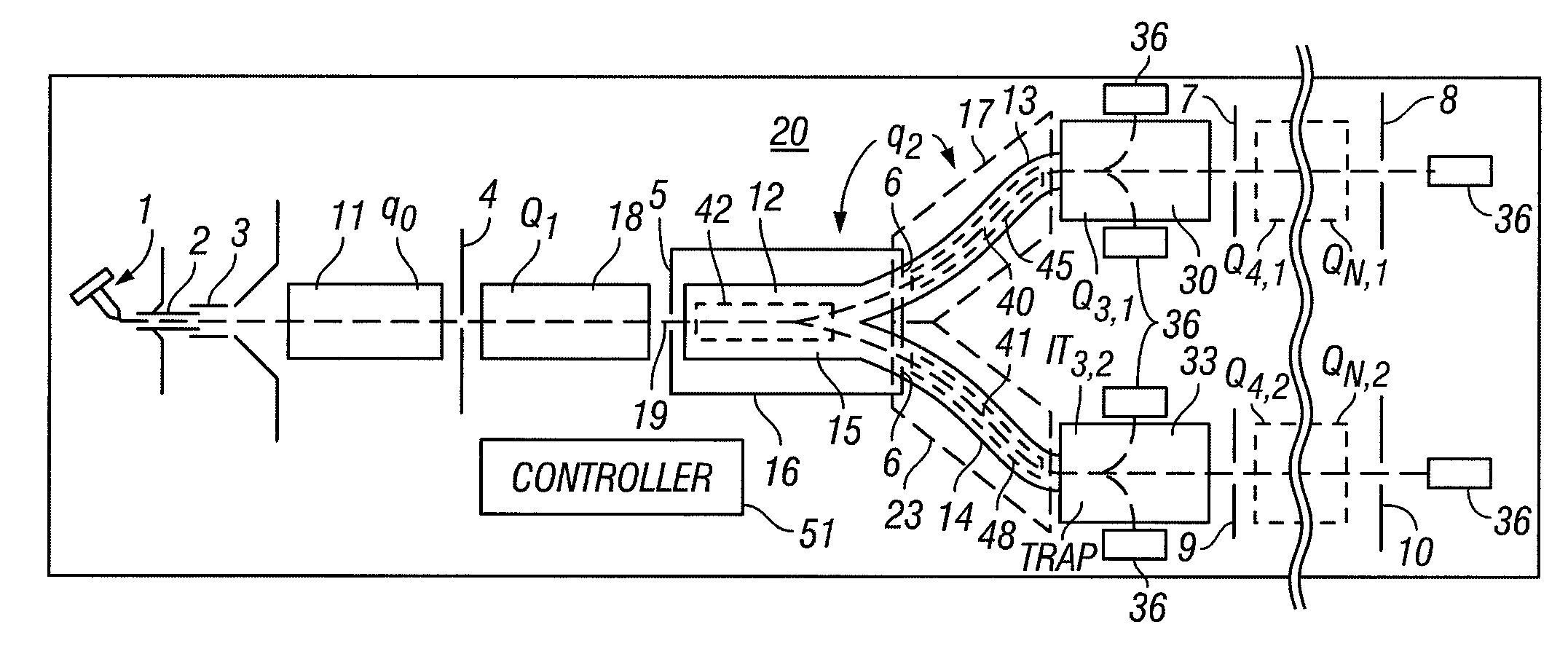 Hybrid mass spectrometer with branched ion path and switch