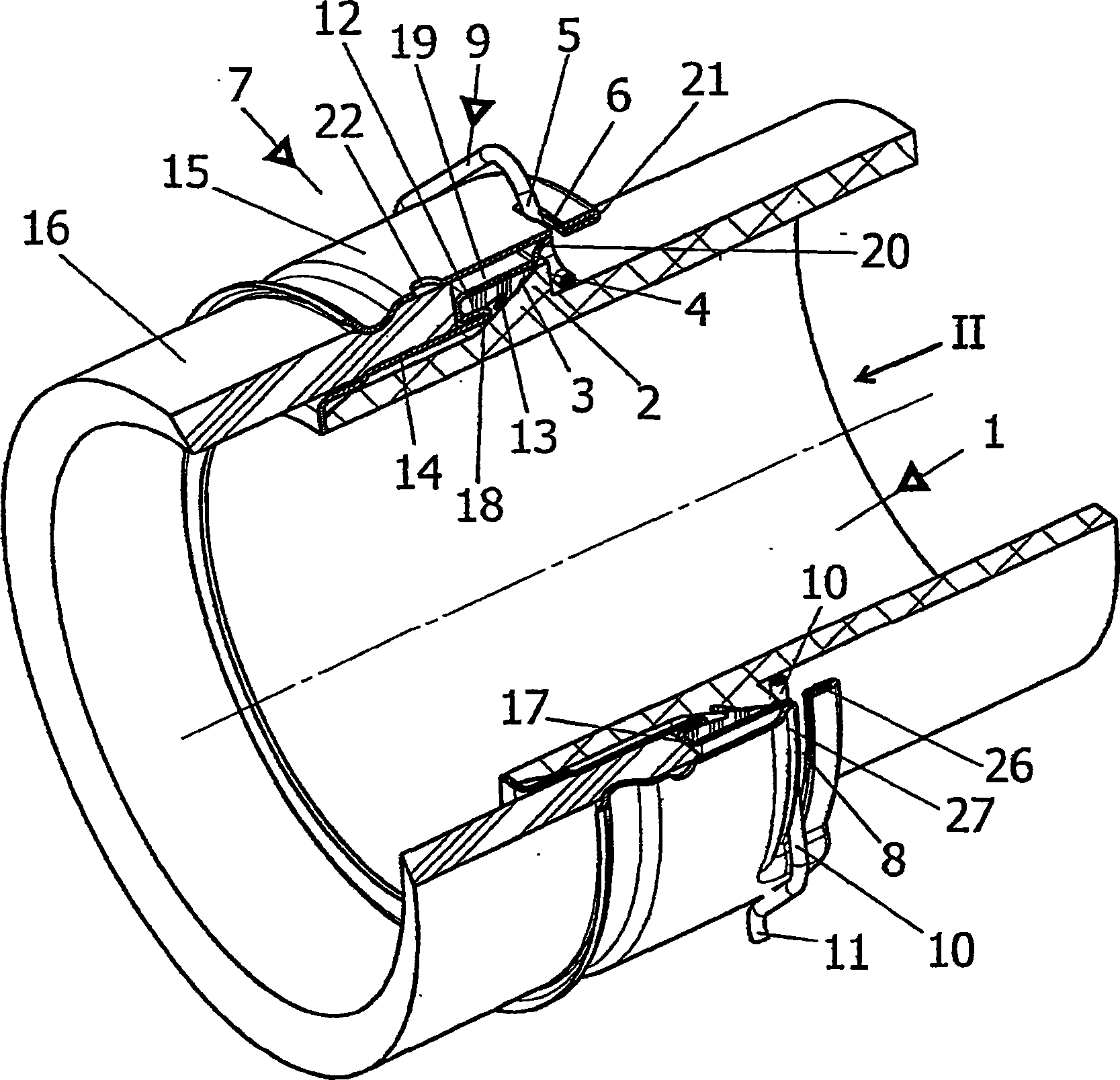 Plug-in connection for pipe and hose lines with a reinforced material cross-section