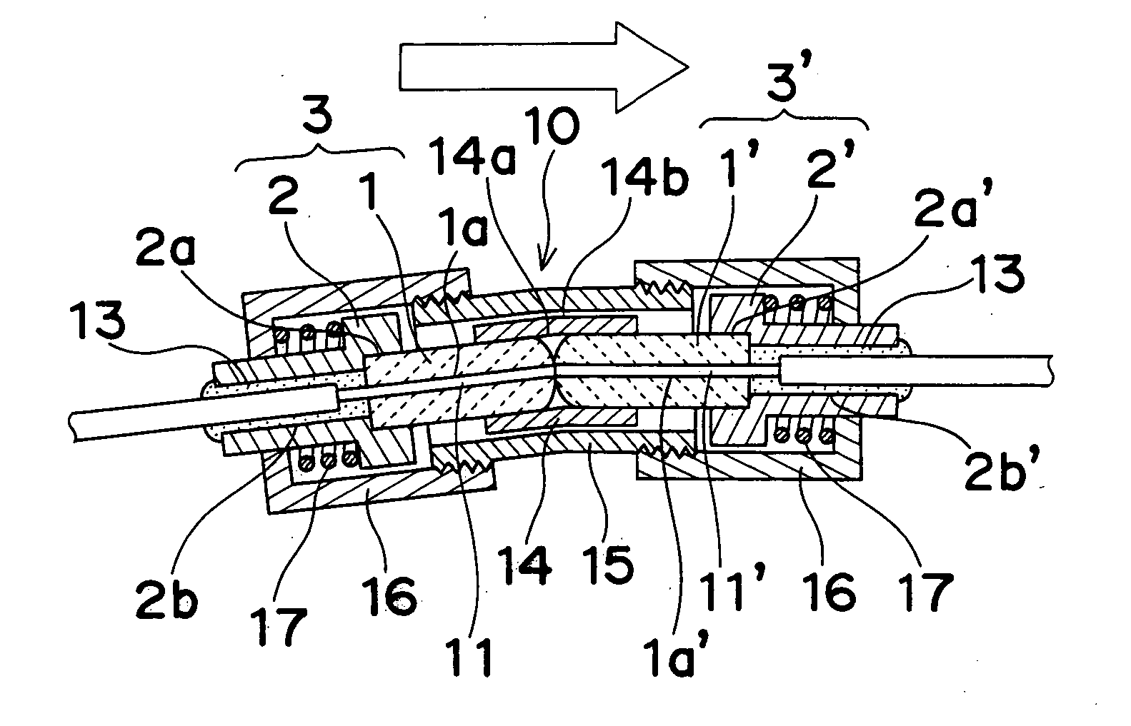 Optical fiber connected body with mutually coaxial and inclined cores, optical connector for forming the same, and mode conditioner and optical transmitter using the same
