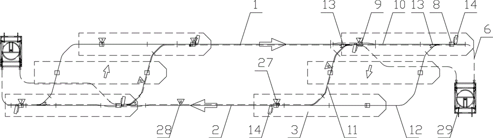 Heavy-load power and free chain conveying system used for conveying big long workpieces