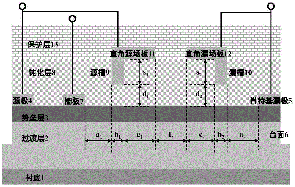 Composite field plate power device based on right angle source field plate and right angle drain field plate