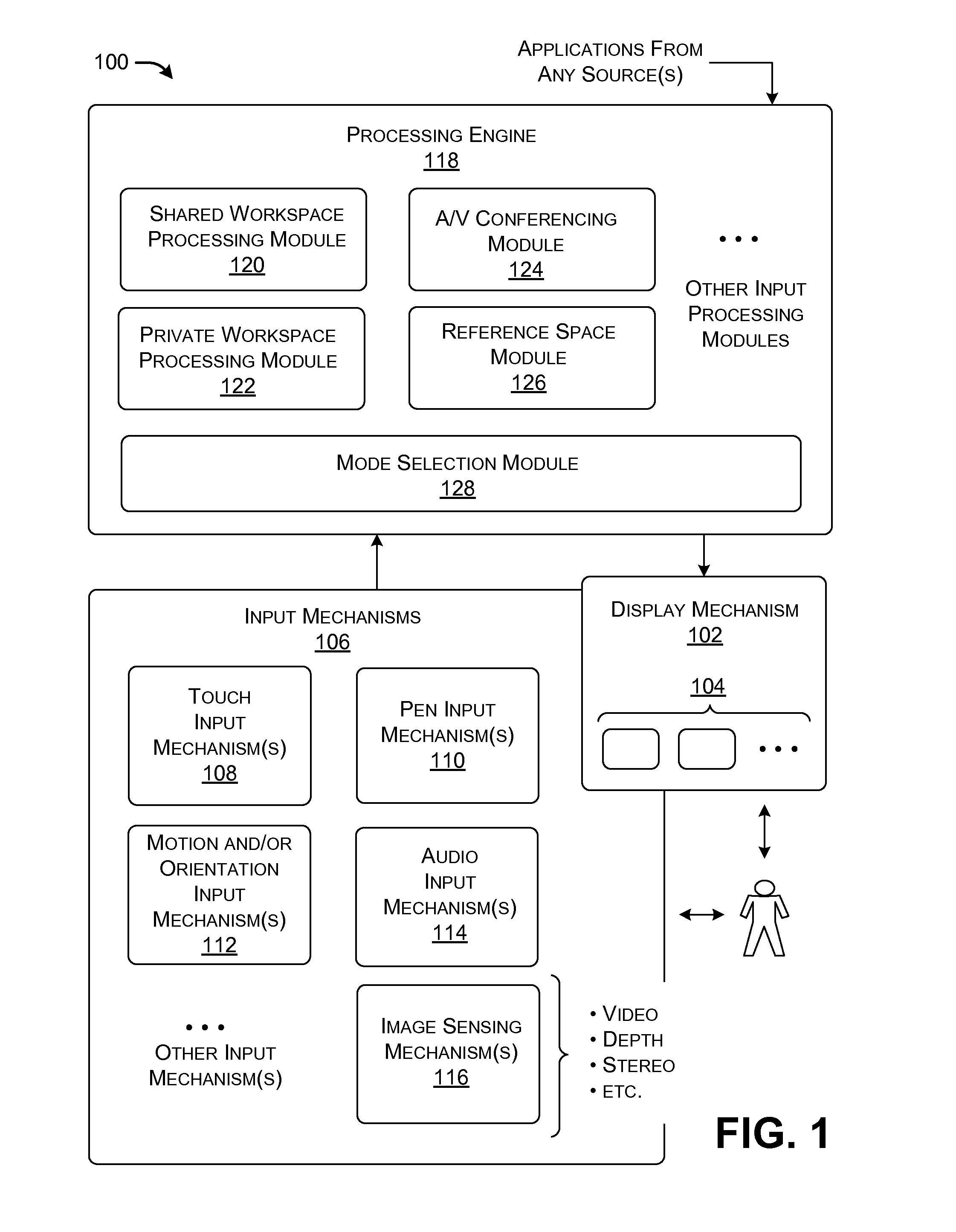 Computing device having plural display parts for presenting plural spaces