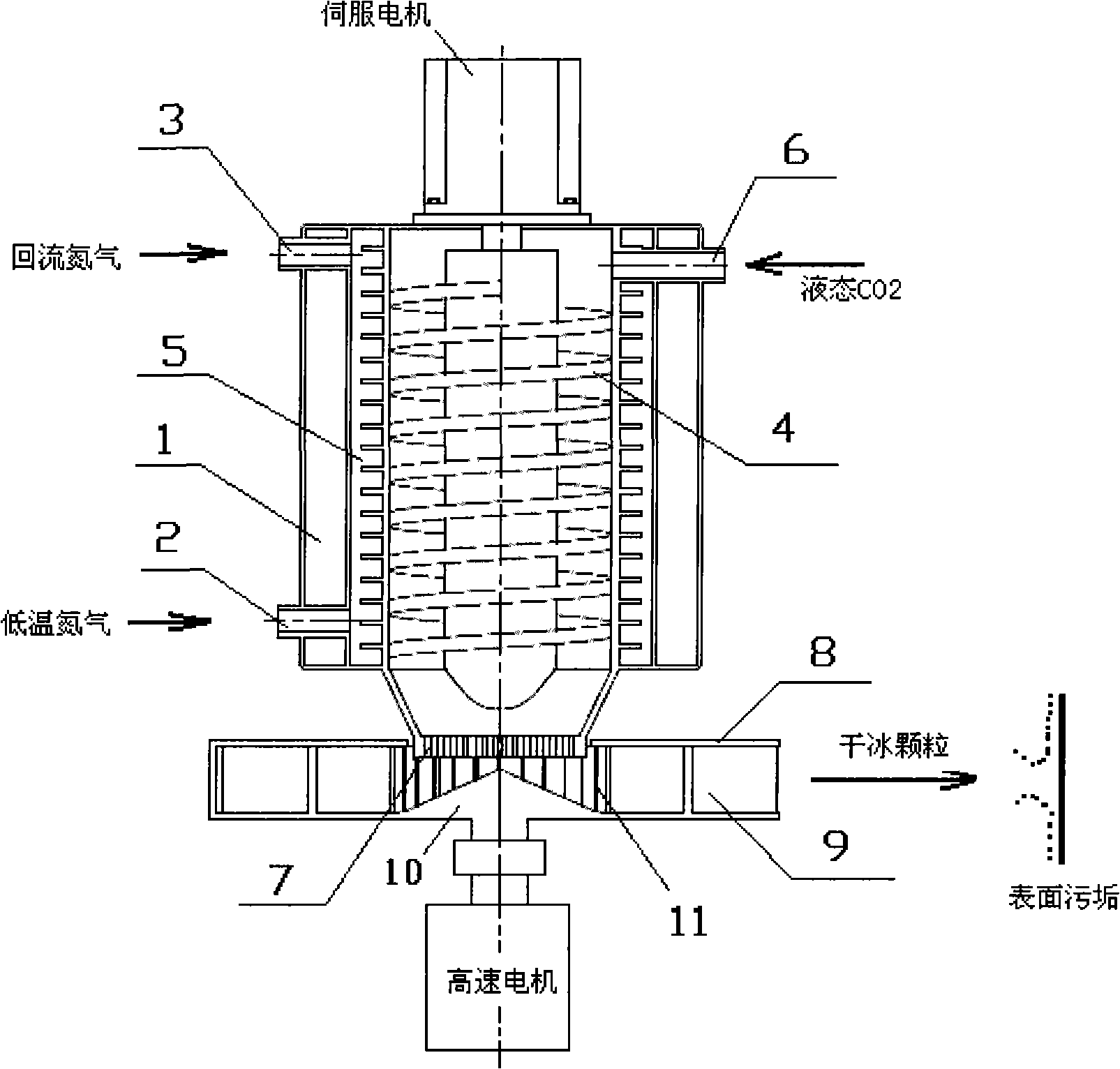 Screw extrusion centrifugal acceleration dry ice pill cold jet cleaner