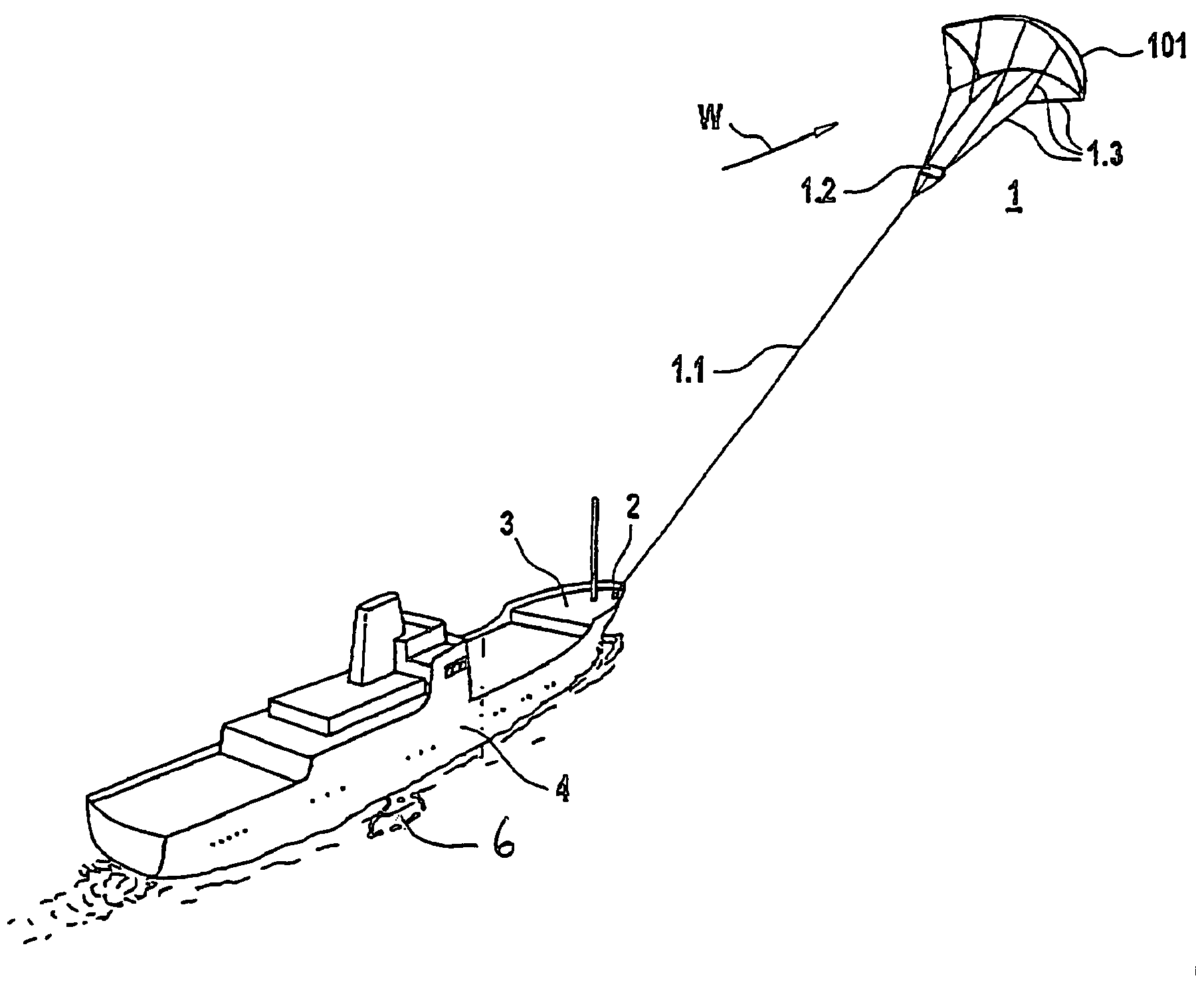 Positioning device for a free-flying kite-type wind-attacked element in a wind-powered watercraft