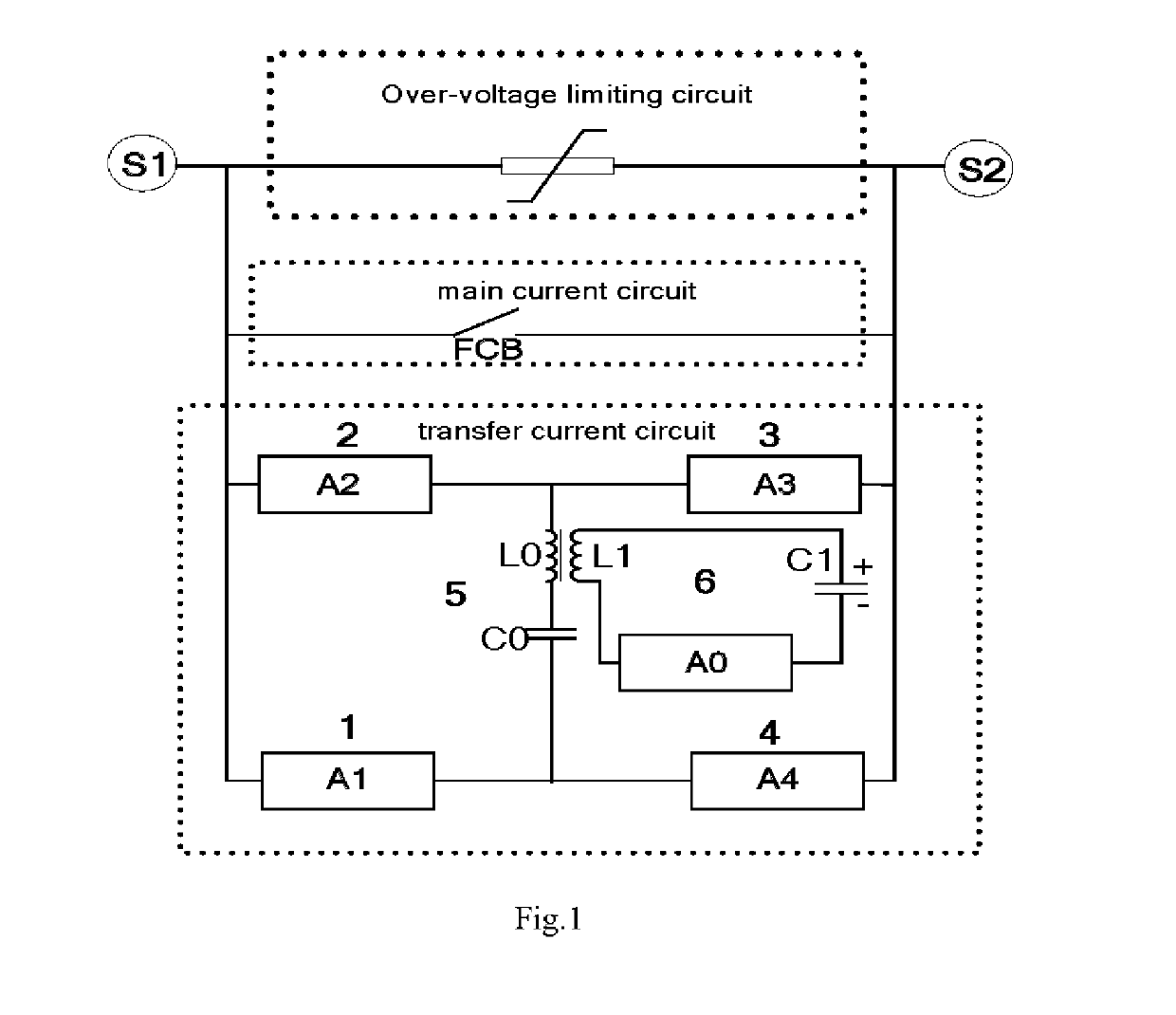 Hybrid circuit breaker having a bridge induction transfer structure