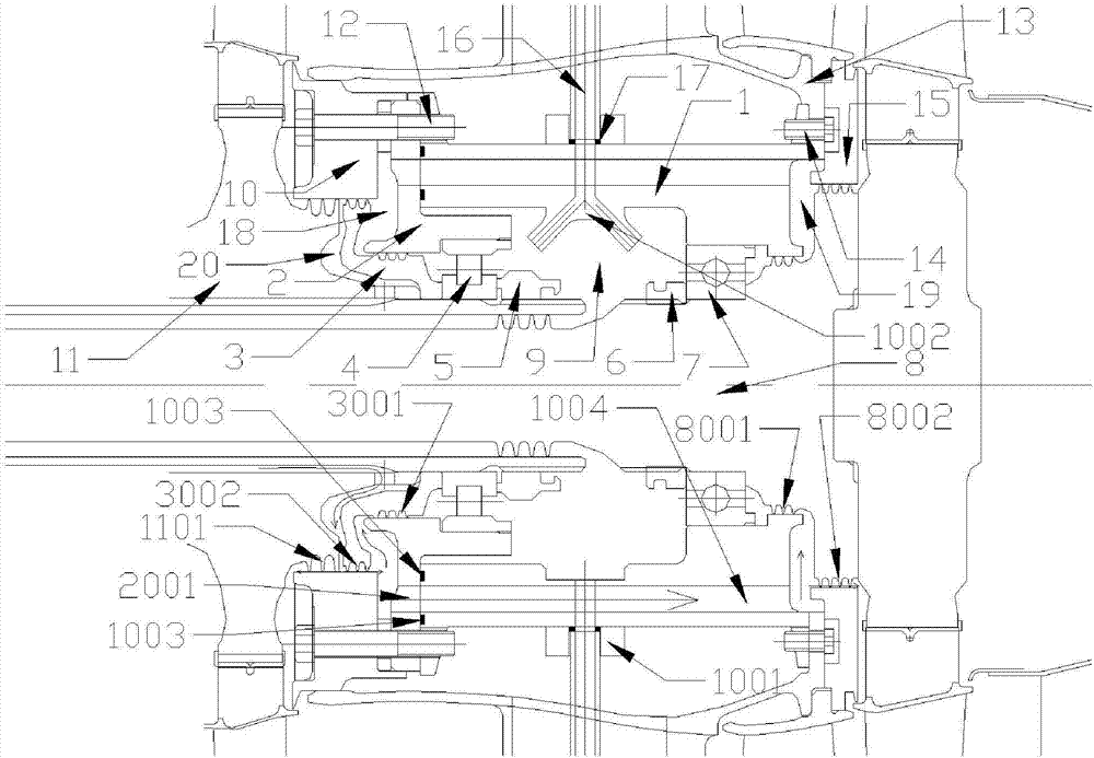 Sealing structure capable of achieving bearing cavity-sharing and bearing external cavity pressure equalizing