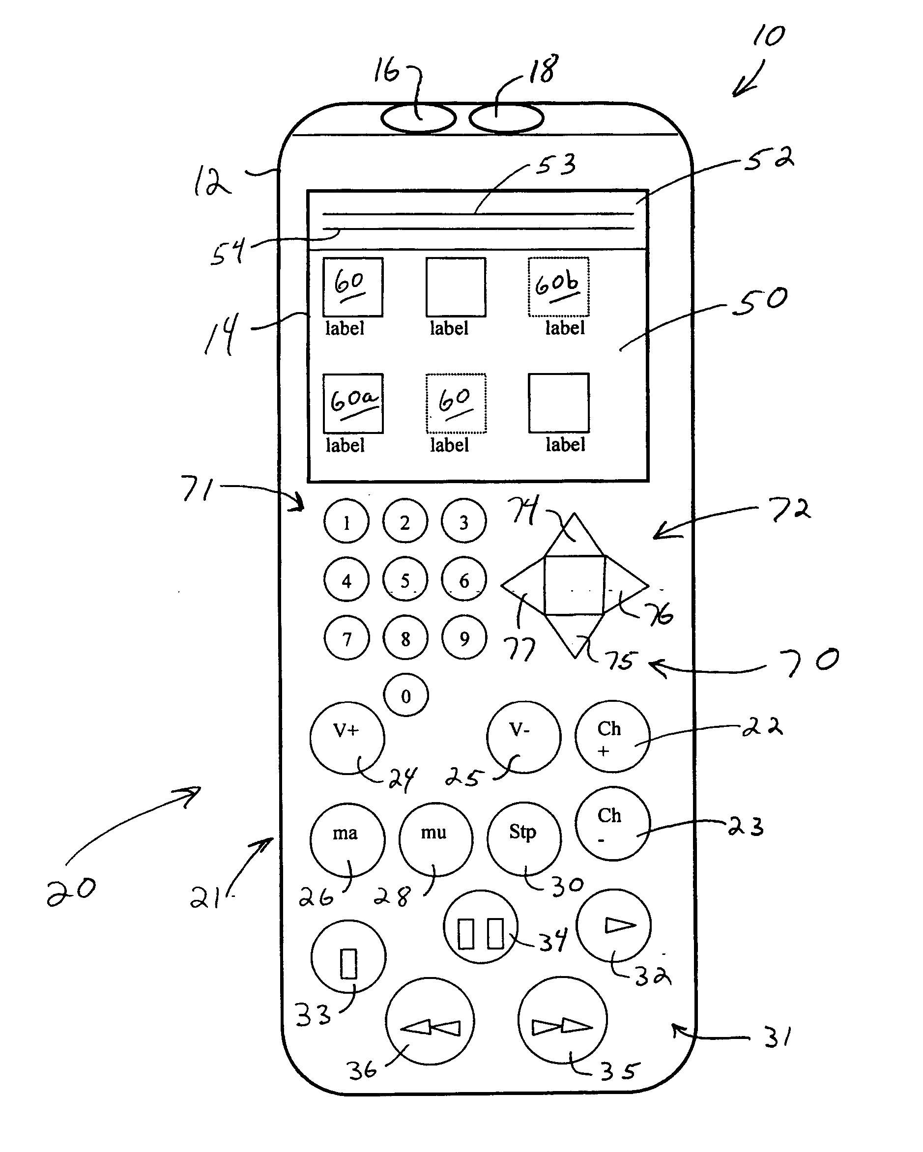 Remote control with programmable button labeling and labeling display upon button actuation