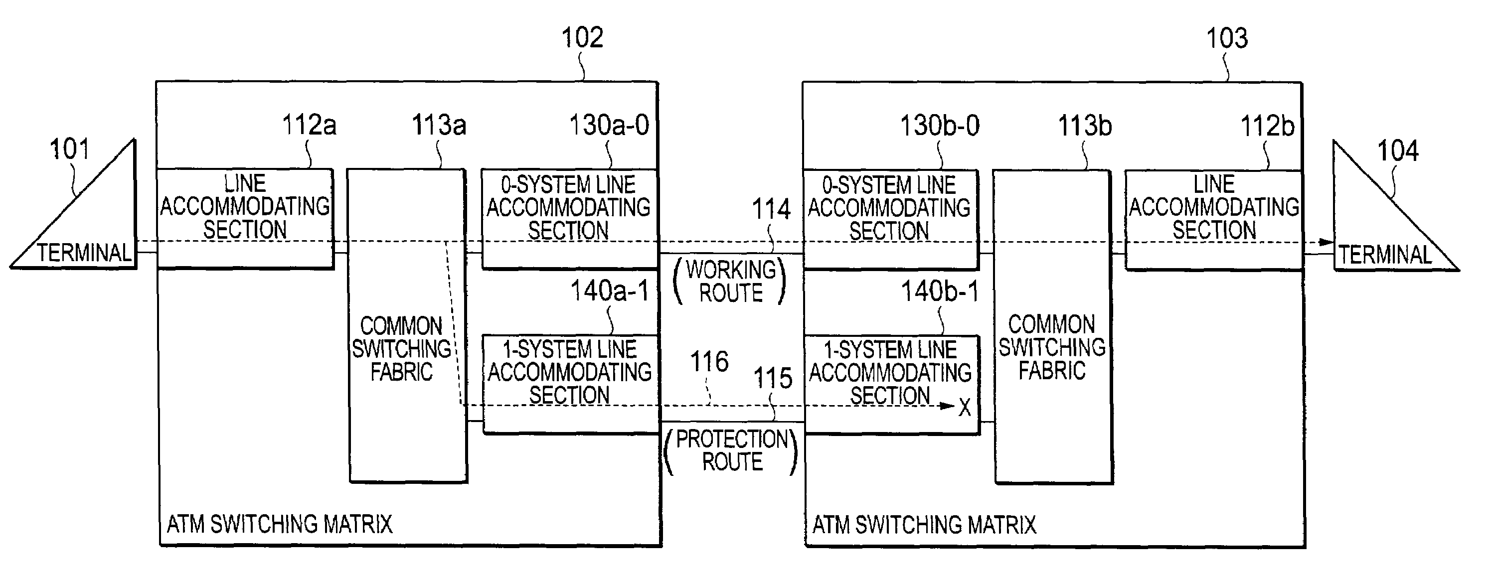 Selector in switching matrix, line redundant method, and line redundant system