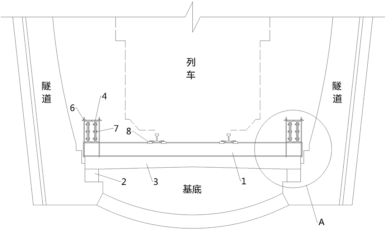 Construction structure enabling line to be overhead during existing railway foundation base disease treatment and construction method