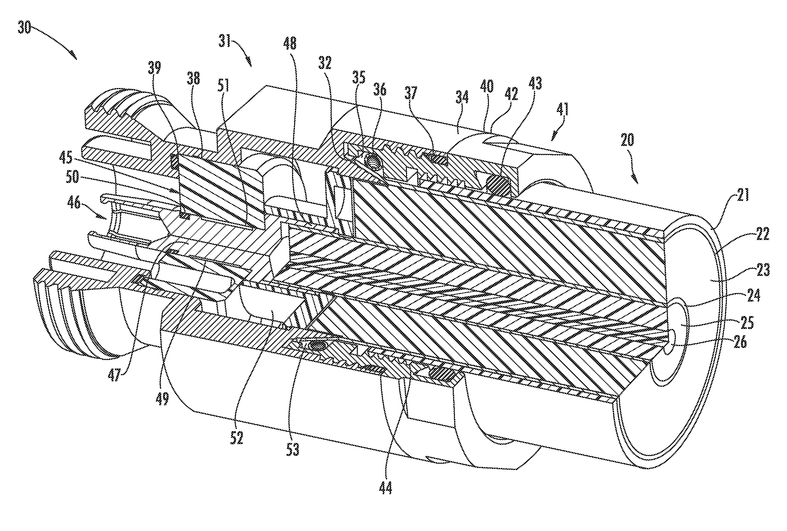 Connector for coaxial cable having rotational joint between insulator member and connector housing and associated methods