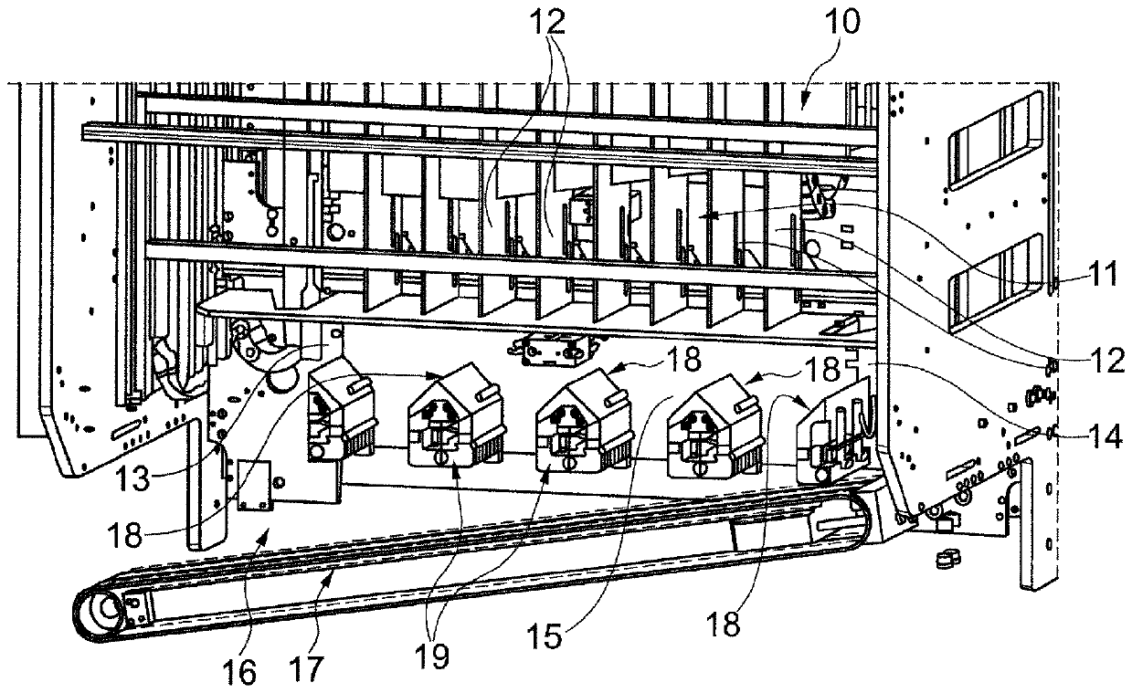 Emptying magazine and method for emptying trays filled with rod-like articles in the tobacco-processing industry