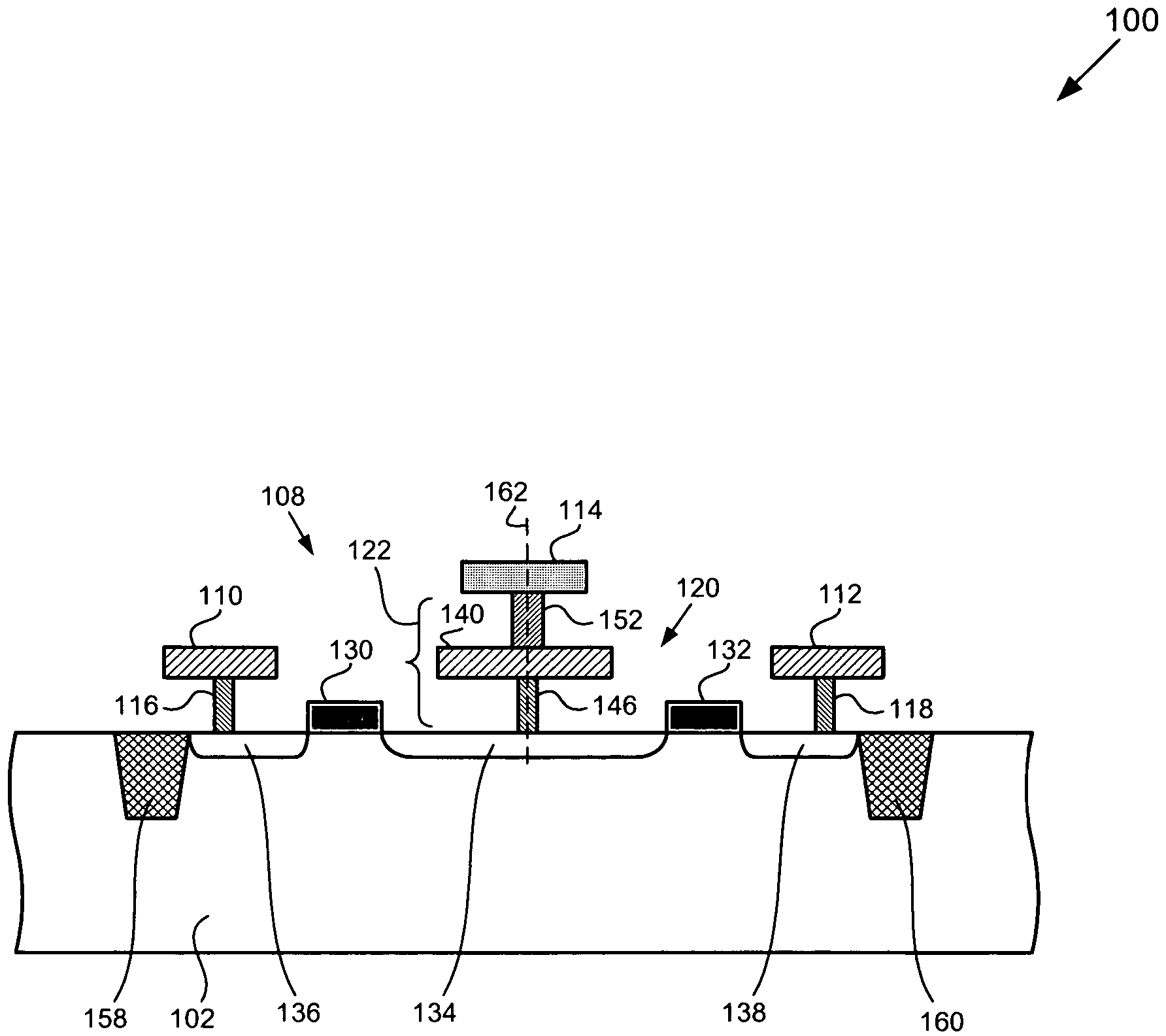 ESD protection structure using contact-via chains as ballast resistors