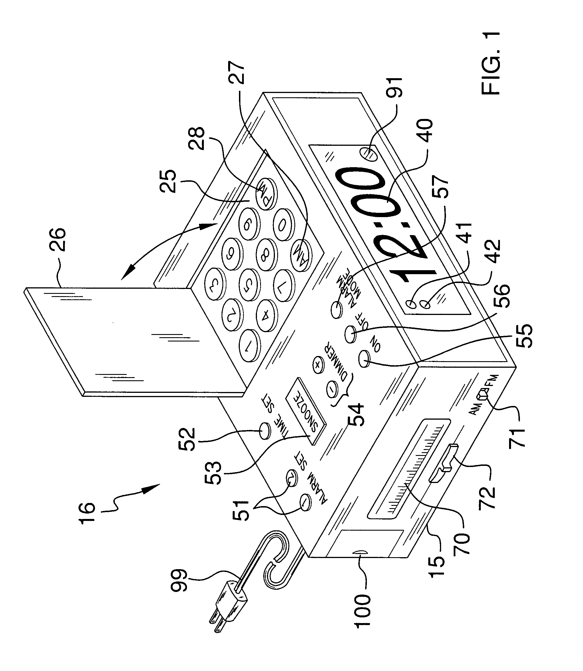 Alarm clock with AM/FM radio, CD player, portable audio storage device docking input, battery backup, and keypad with folding cover