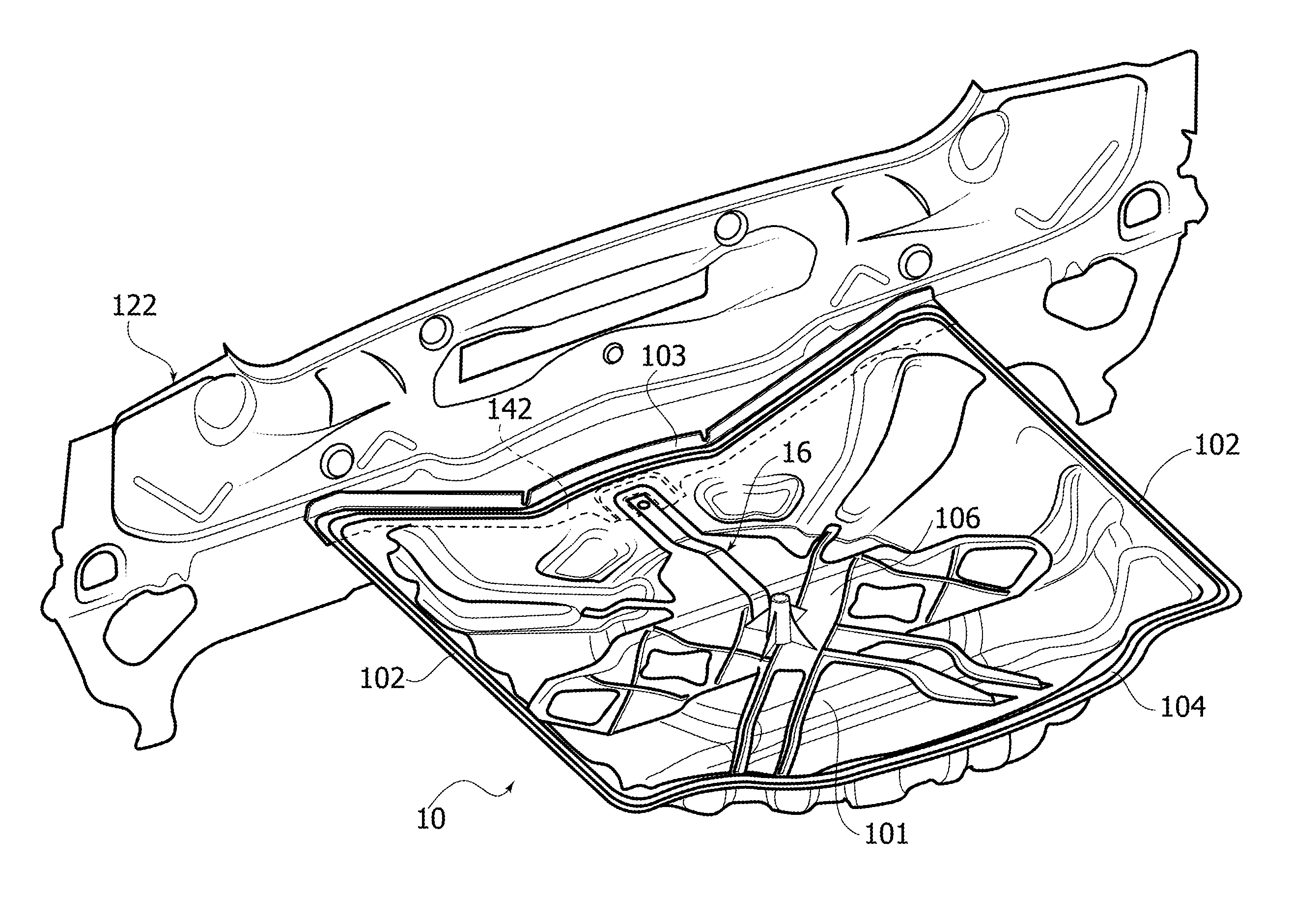 Motor-vehicle structure having a holding element for holding a spare wheel or other component on a floor portion made of plastic material