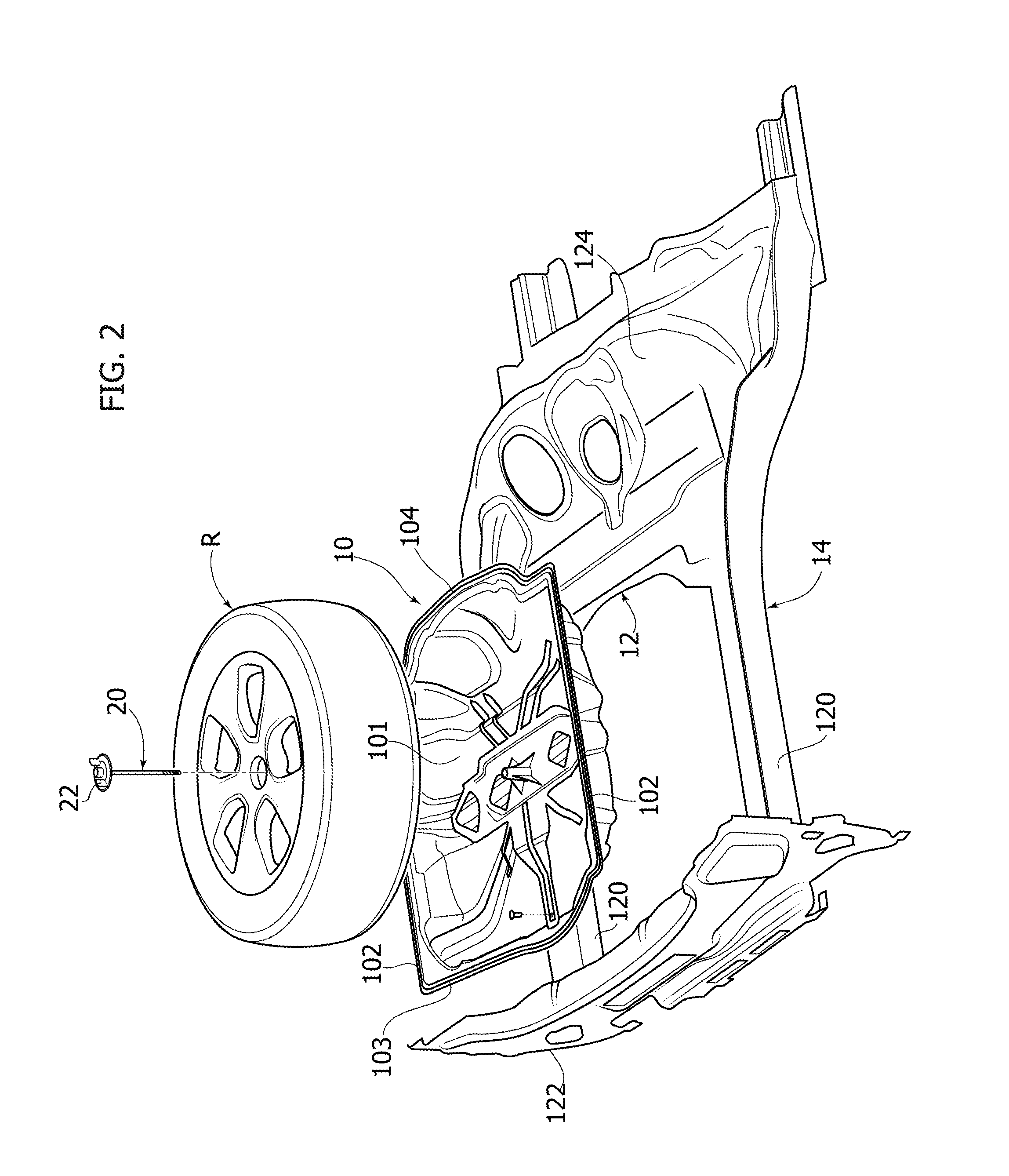 Motor-vehicle structure having a holding element for holding a spare wheel or other component on a floor portion made of plastic material