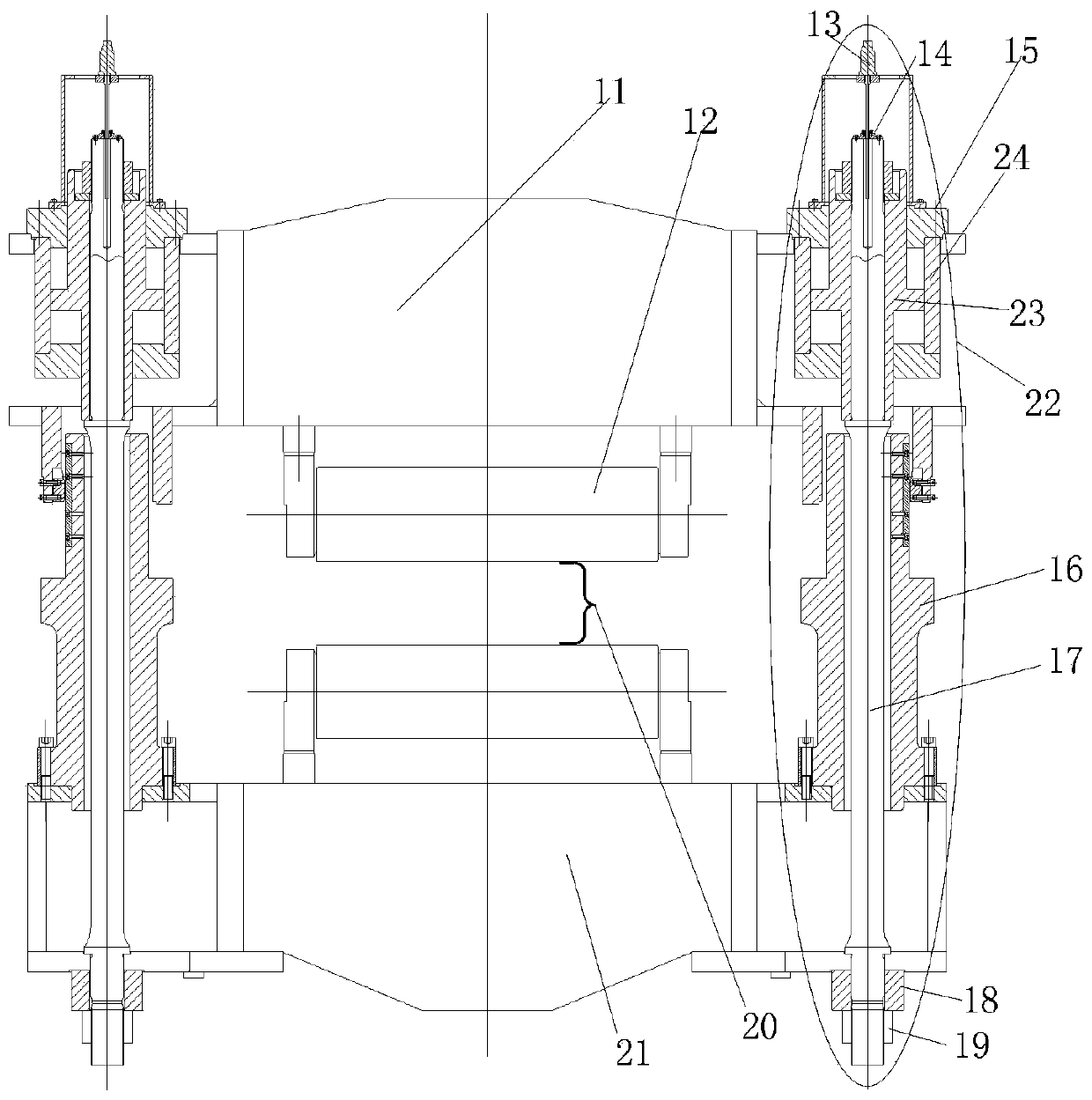 Gap-free large screwdown device for roller gap and using method thereof