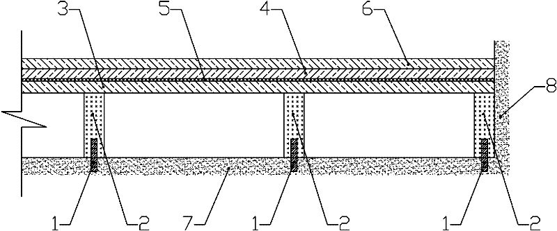 Overhead floor wooden base layer and construction method thereof