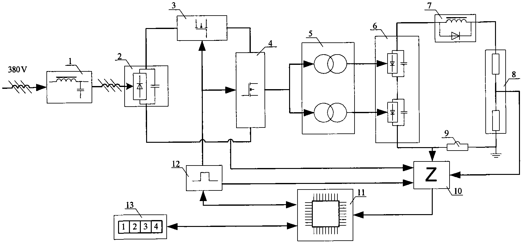 Digital high-frequency and high-voltage power supply device of electron beam welding machine and control method thereof