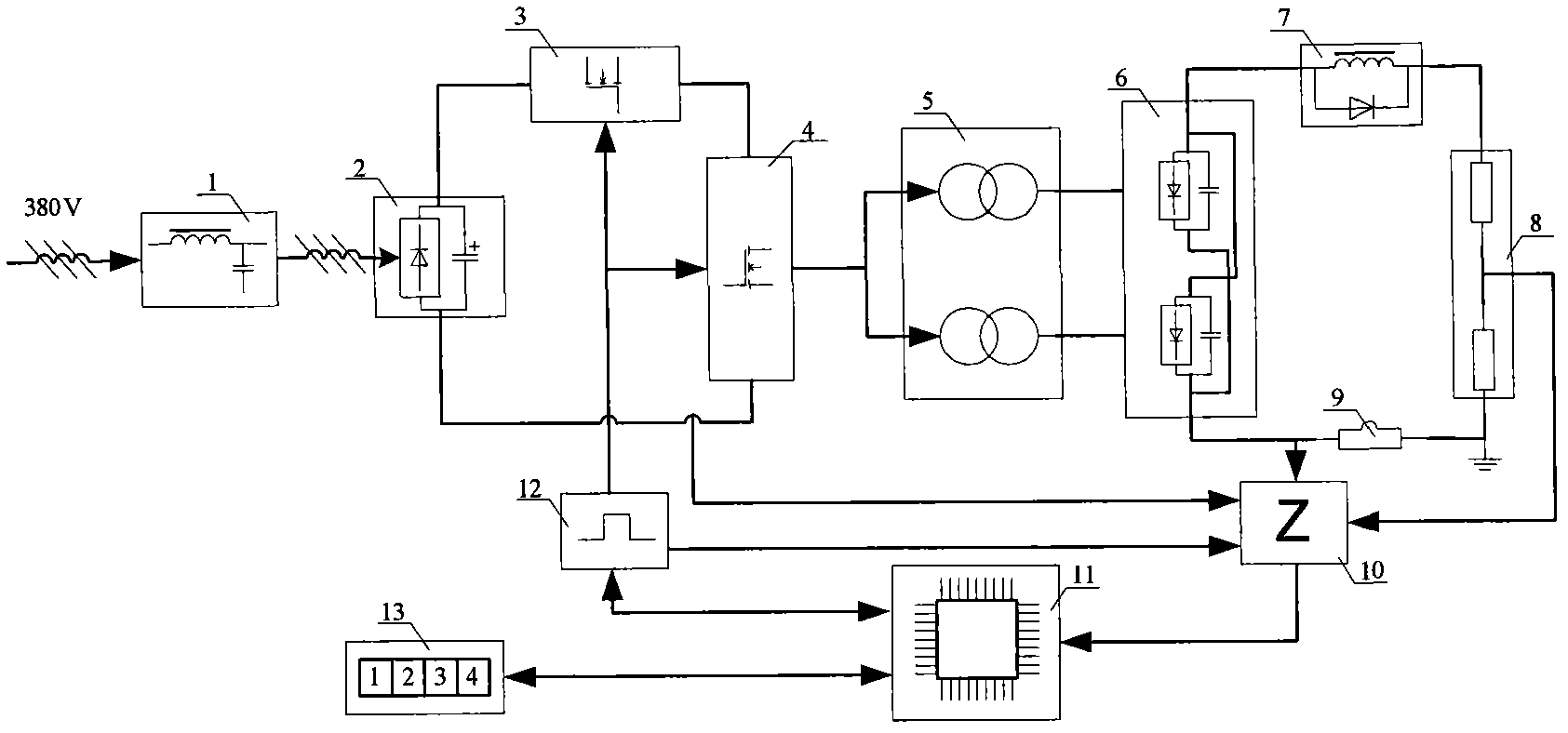 Digital high-frequency and high-voltage power supply device of electron beam welding machine and control method thereof