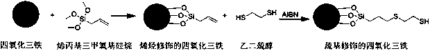 Preparation method of sulfydryl modified magnetic nano material for adsorbing mercury