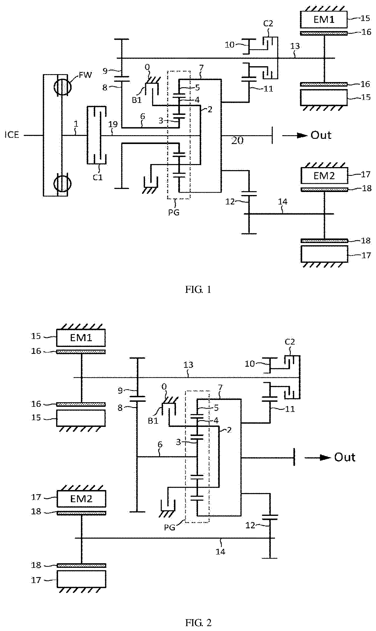 Hybrid power and electric motor drive transmission device for power system and operation method therefor