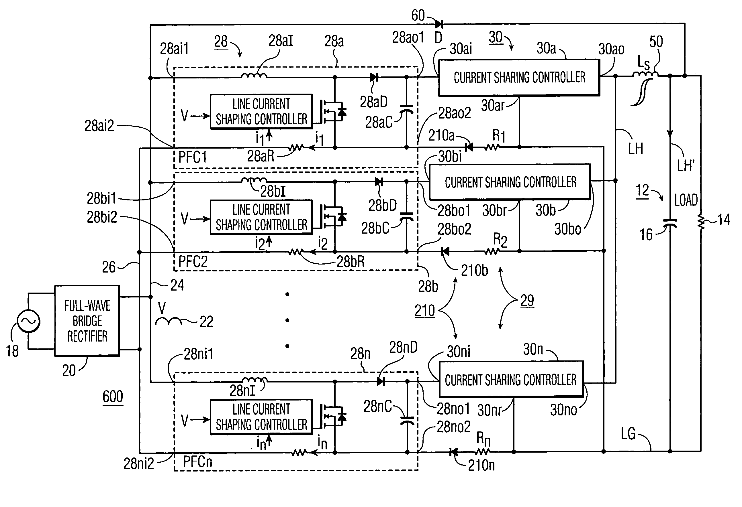 Surge current suppression in power-factor-corrected AC-to-DC converter with capacitive load