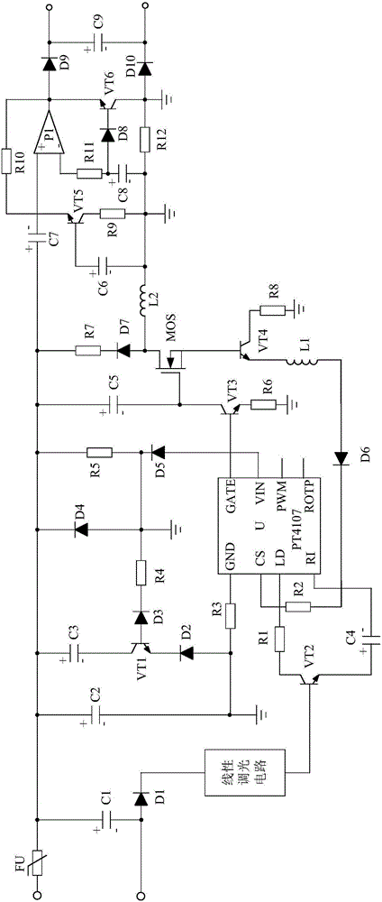 Dimmable LED constant-current output driving system based on power amplifying circuit