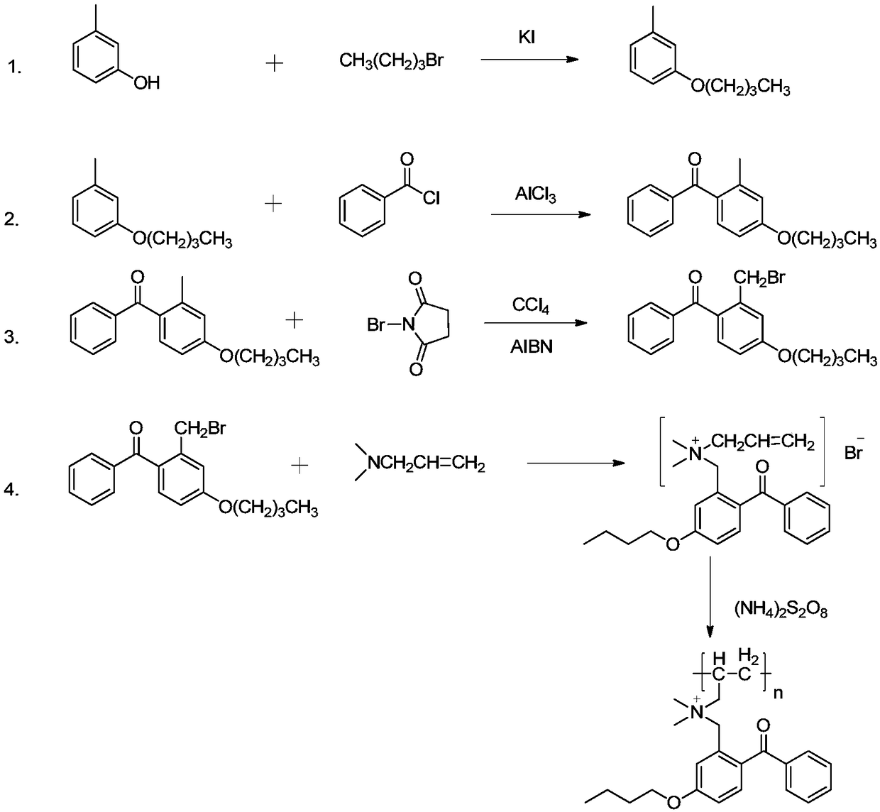 Synthetic method and color-fixing agent of polydimethylallyl (2-benzoyl-5-n-butoxyphenyl) ammonium bromide