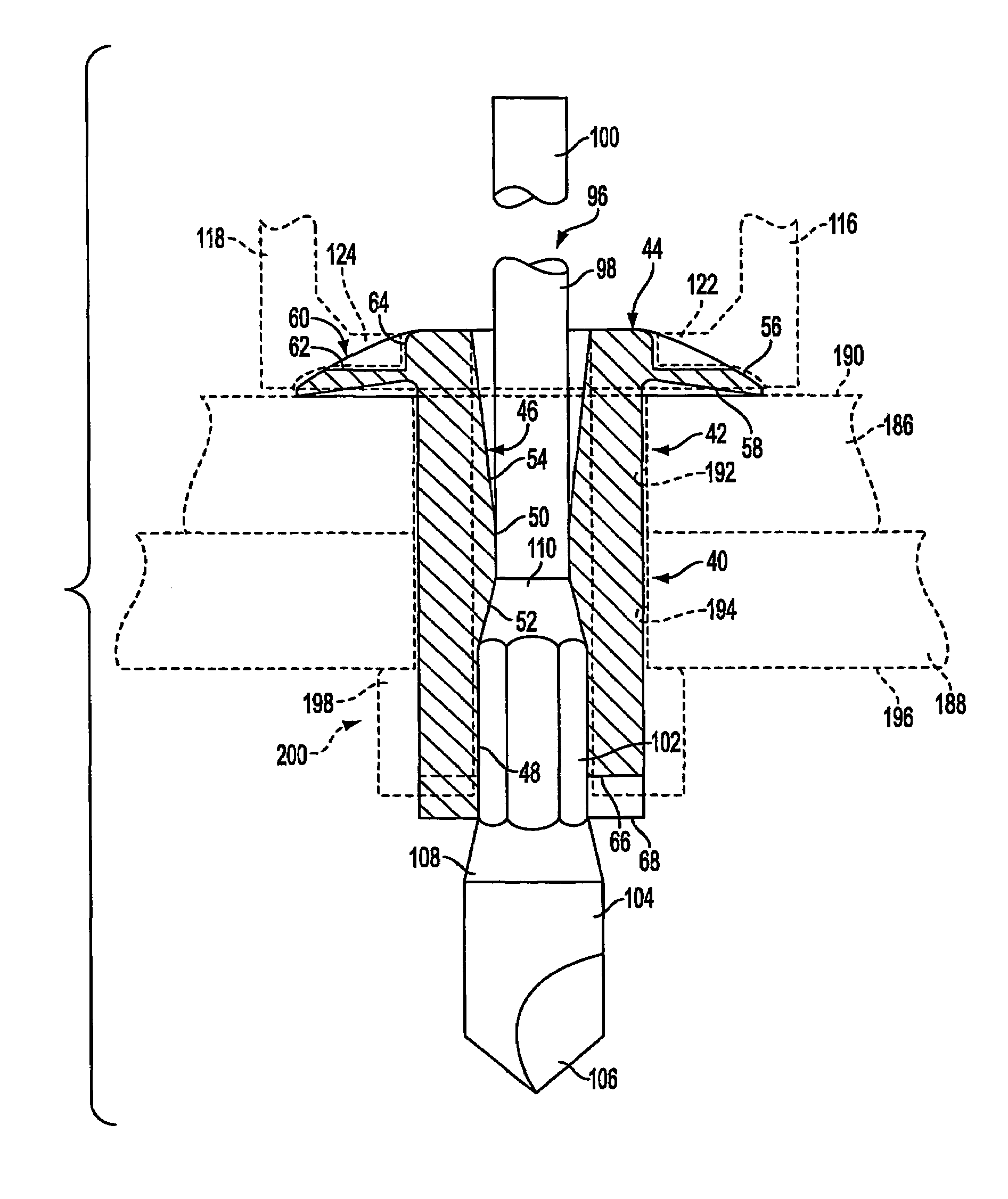 Self-drilling pull-through blind rivet and methods of and apparatus for the assembly and setting thereof