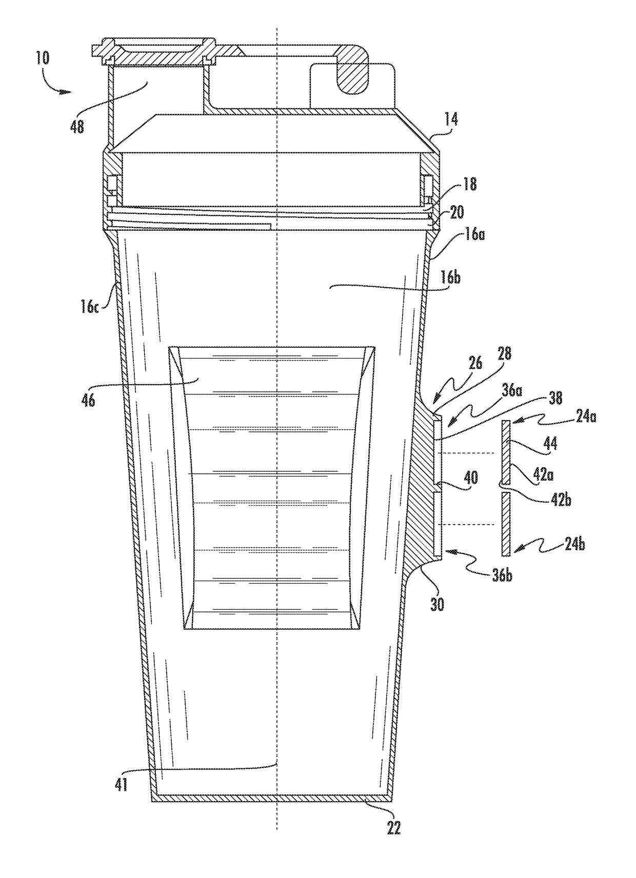 Shaker bottle with magnetic elements for temporary securement to exercise equipment