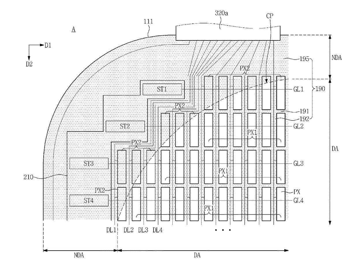 Display device having a non-rectilinear display area