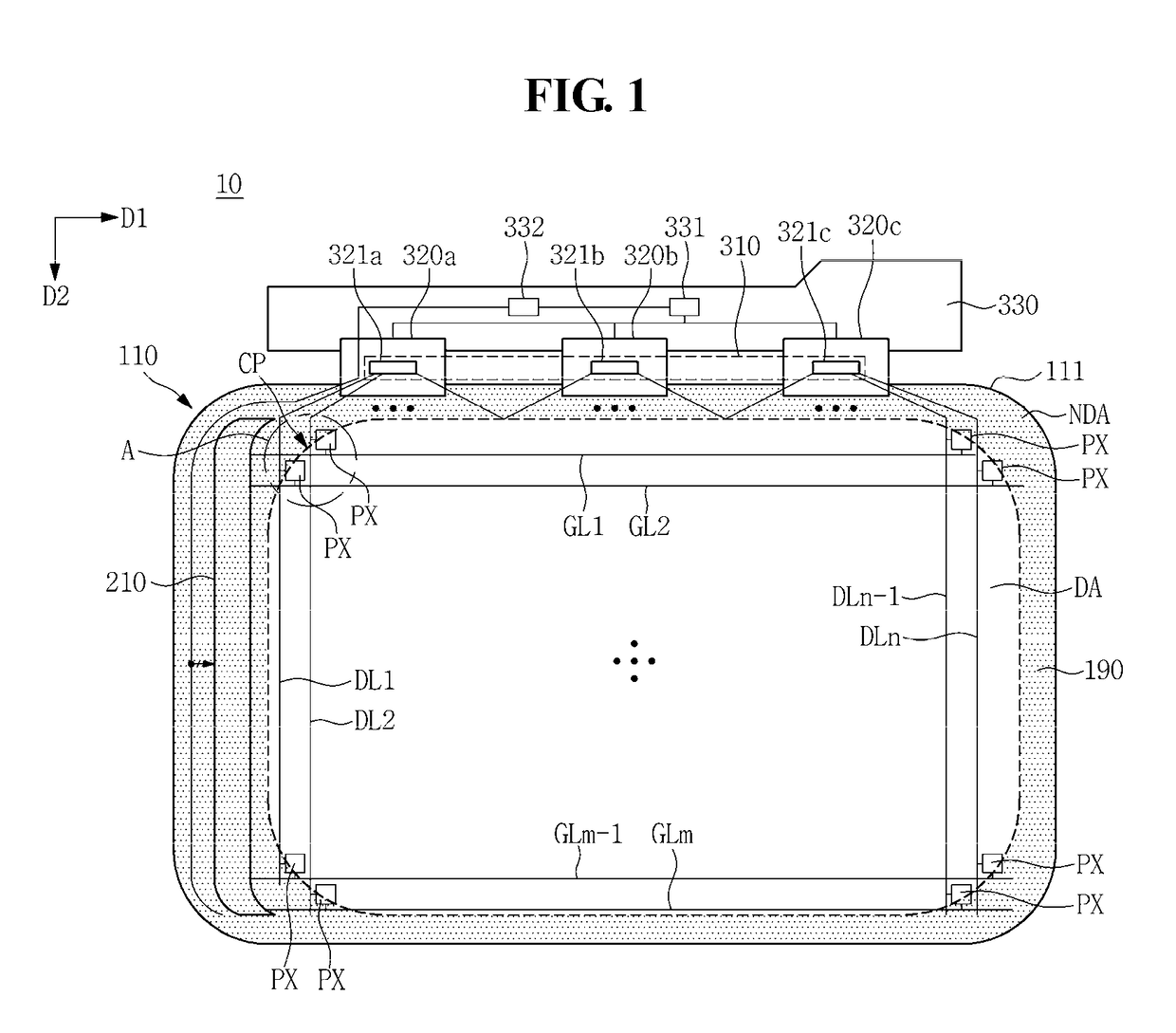 Display device having a non-rectilinear display area