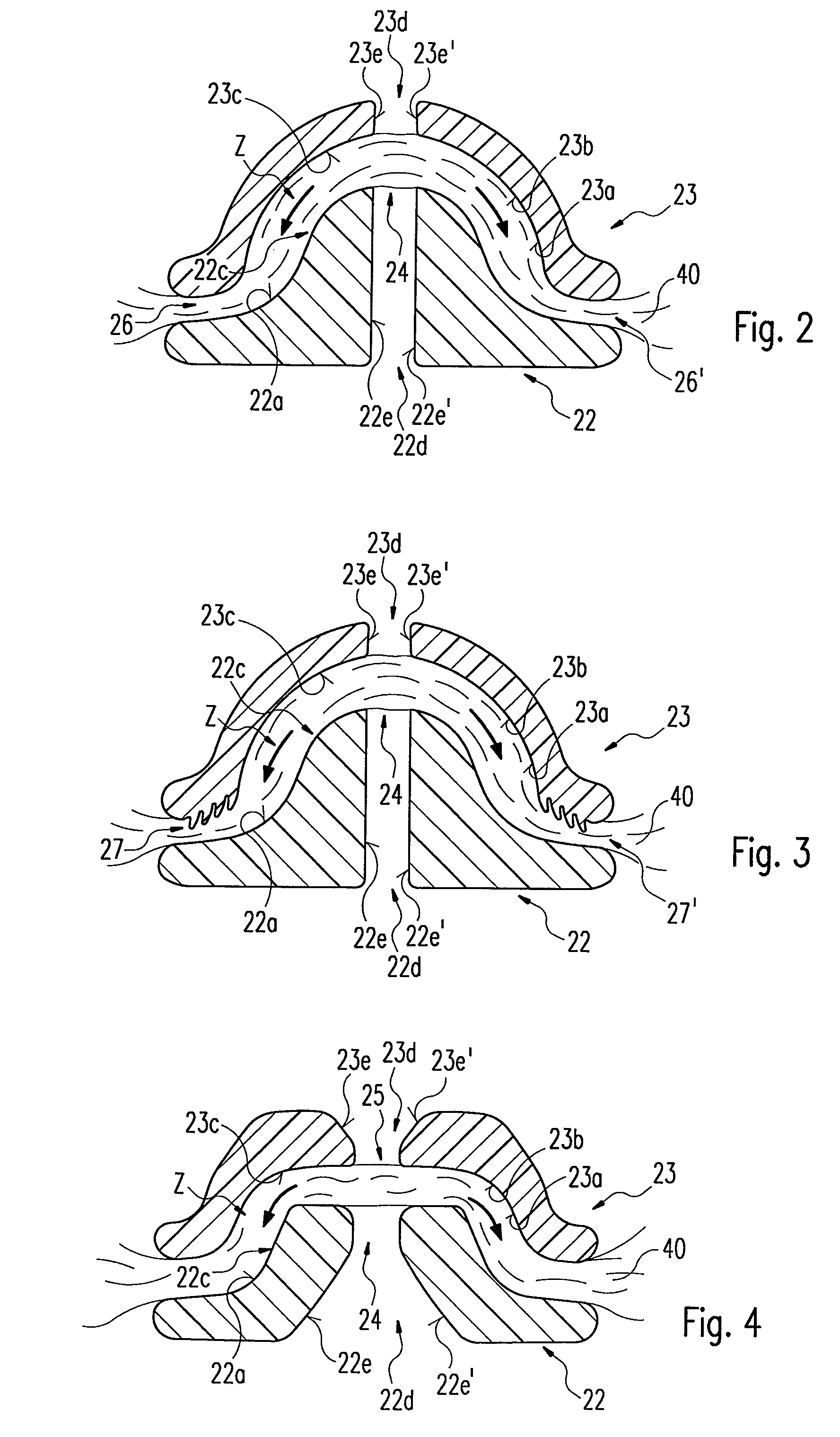 Electrosurgical instrument with opposing jaws, central knife, and barbs for maintaining clamping tension on tissue even after opening jaws