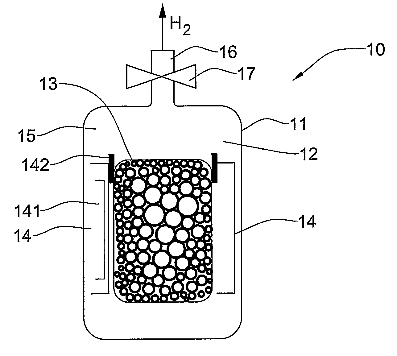 Tank and material for storage of hydrogen gas