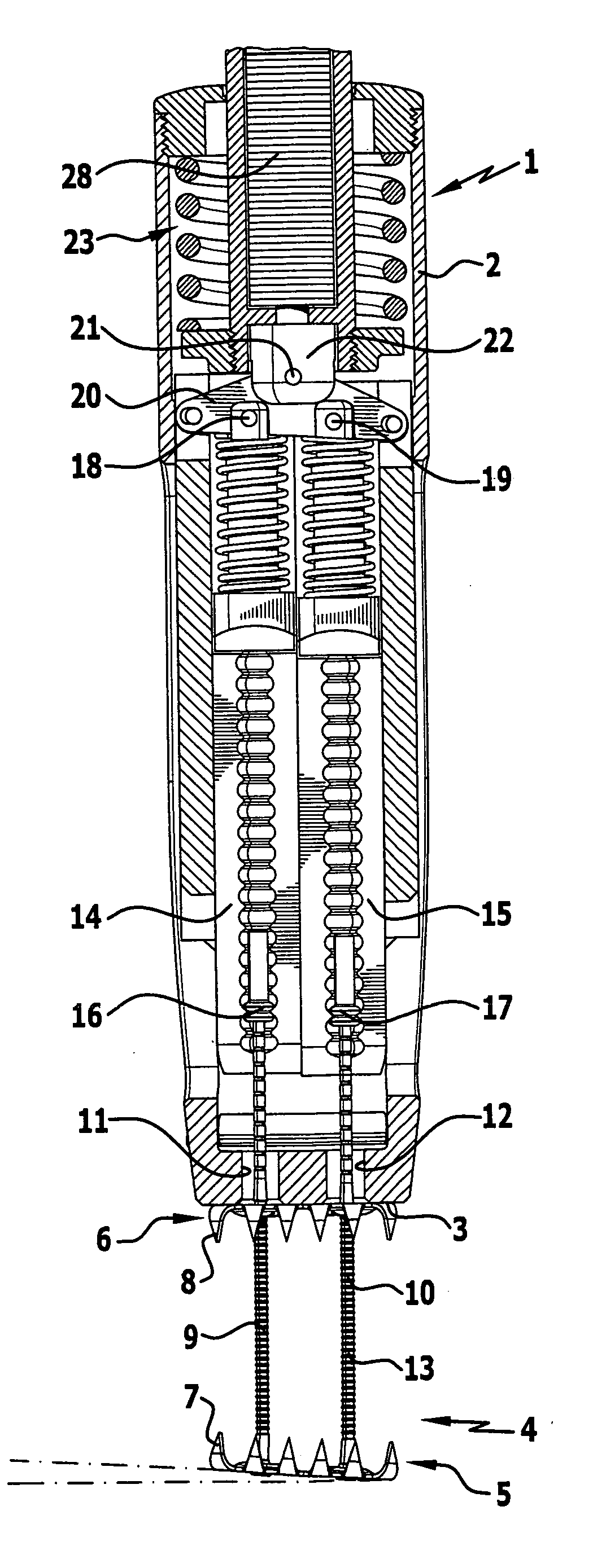 Surgical instrument for tensioning plate-shaped engaging elements with respect to each other