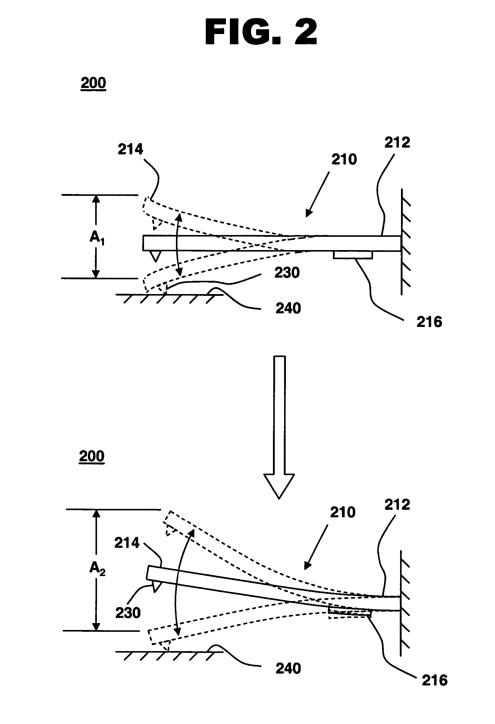 Chemical sensor with oscillating cantilevered probe and mechanical stop