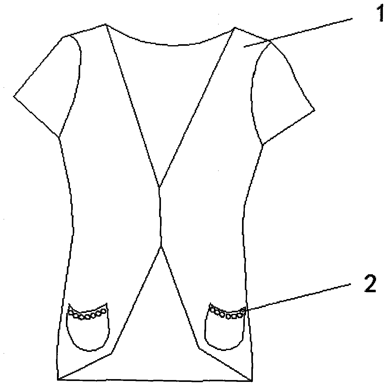 Garment made of looped fabric and provided with pockets with colored pearls