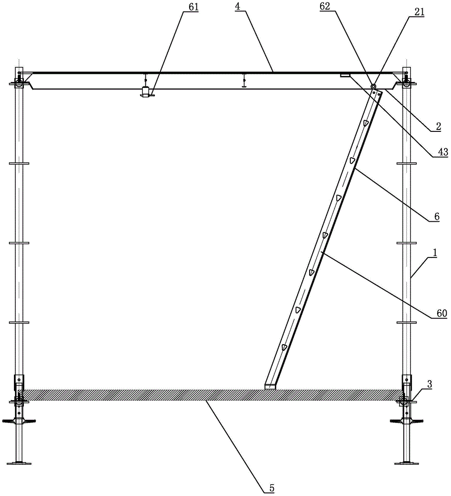 Scaffold with pedal one-piece hanging ladder structure