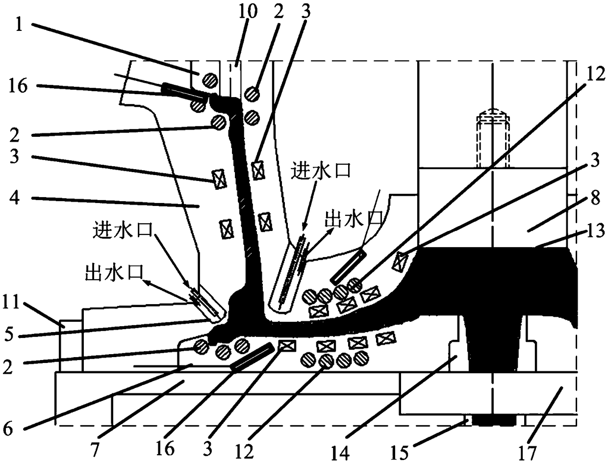 A wheel hub squeeze casting device and method integrating precise temperature control and pulsed magnetic field