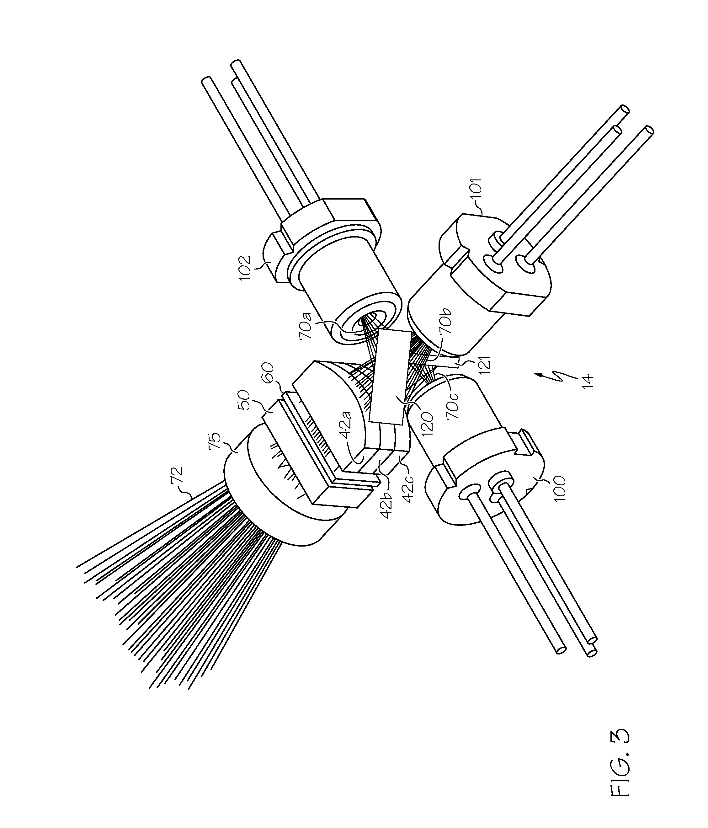 Projector with laser illumination elements offset along an offset axis