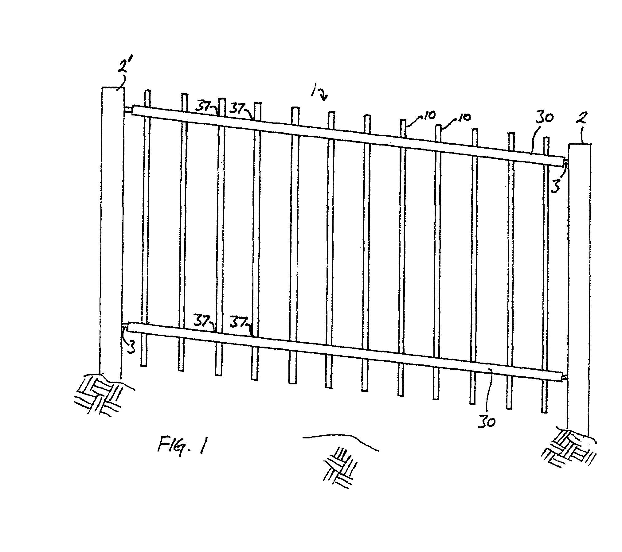 Self-raking fence panel and rail, kit of parts, and method of assembly and installation