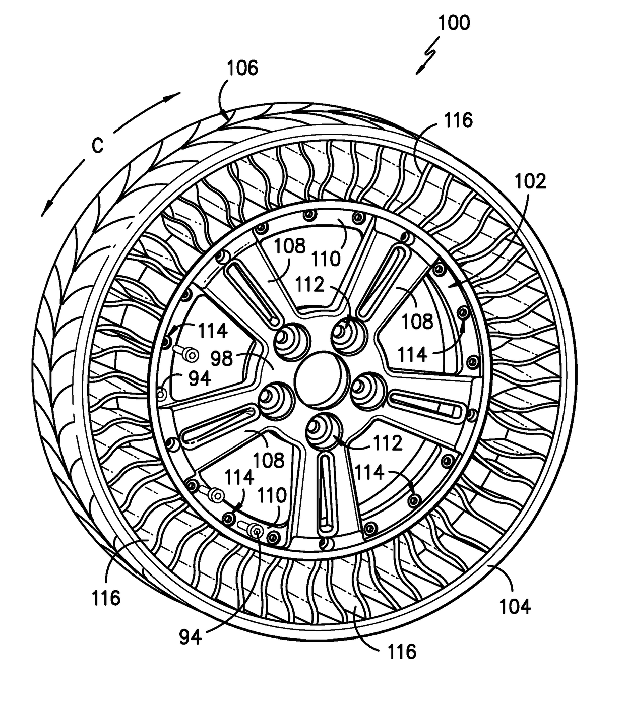 Non-pneumatic tire with integrated polymeric flexible wheel center mount