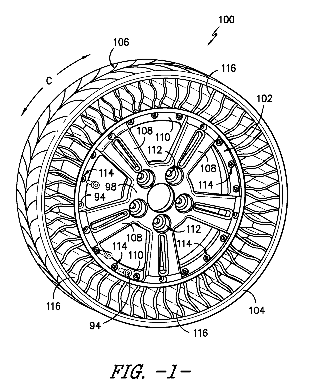 Non-pneumatic tire with integrated polymeric flexible wheel center mount