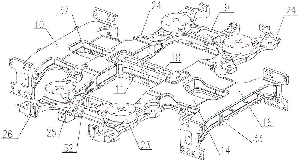 Bogie frame for low-floor hinged type railway vehicle and bogie